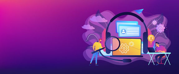 End user with magnifier finding information in laptop with headset. Customer self-service, e-support system, electronic customer support concept. Header or footer banner template with copy space.