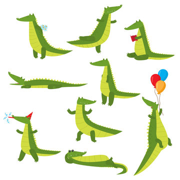 Set of fun green crocodiles occupying a pleasant pastime. Green alligator reads a book, flies on balloons, swims, dreams, eats and more.