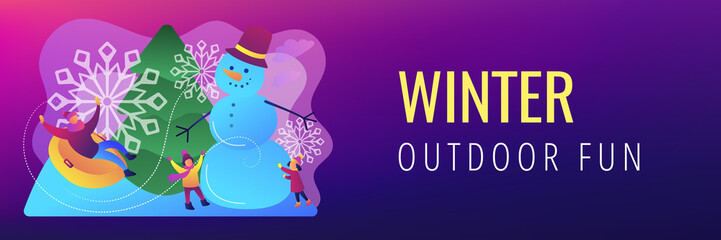 Happy people having fun outdoor in winter sledding and making snowman. Winter outdoor fun, building a snowman, snowball fight and sledding concept.Header or footer banner template with copy space.