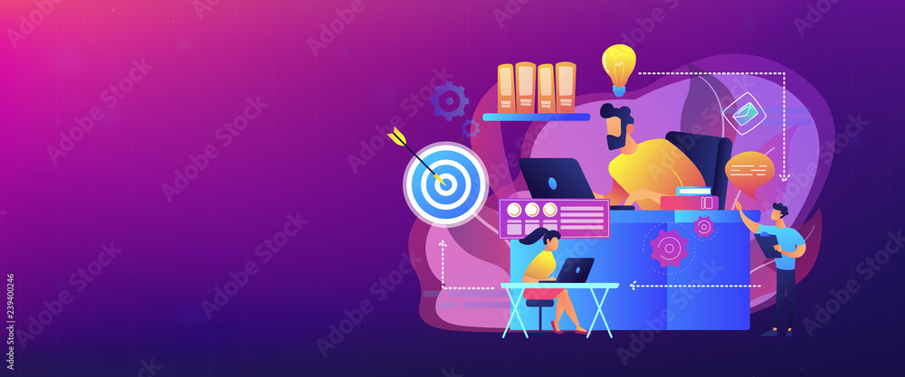 Poster business team and work process steps from idea to target. business workflow, business process effici