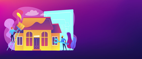 Workers with paintbrush and wrench improving the house. House renovation, property renovation, house remodeling and onstruction services concept. Header or footer banner template with copy space.