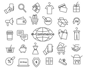 E-commerce line icons. Online shopping and delivery elements in thin line style, web retail icon set, simple vector illustration