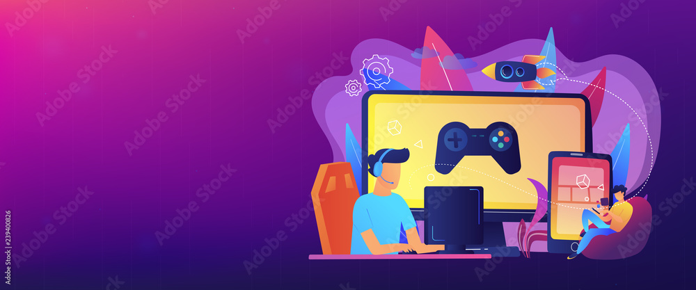 Poster gamers play video game on different hardware platforms. cross-platform play, cross-play and cross-pl