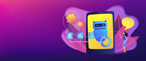 Business woman chatting with messages to chatbot application. Chatbot virtual assistant, smartphone assistant app, message chatbot concept. Header or footer banner template with copy space.