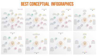 Fototapeta na wymiar Conceptual Infographic. Template with heads and numbered buttons. place for text 3, 4, 5, 6, 7, 8, 9, 10 positions, can be used for conceptual banner, diagram, number options. 