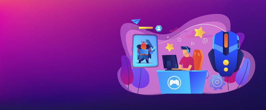 Gamer plays role-playing game online and hero avatar in fantasy world. MMORPG, massive multiplayer game, role-playing online games concept. Header or footer banner template with copy space.