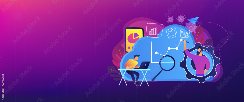 Poster developers drawing chart, monitoring applications. computing resourses, operaing data and services, 