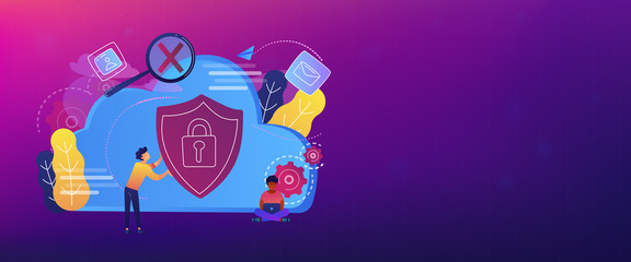 Man holding security shield and developer using laptop. Data and applications protection, network and information security, safe cloud storage concept, violet palette. Header or footer banner template