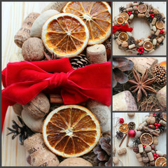 Christmas card. Background Christmas and new year. Christmas wreath of nuts, cones, dried oranges, corks of champagne, cinnamon sticks, ribbons. Christmas in a rustic style. Handmade decor. Christmas 