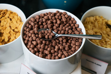 Hotel morning breakfast buffet food set with corn flakes