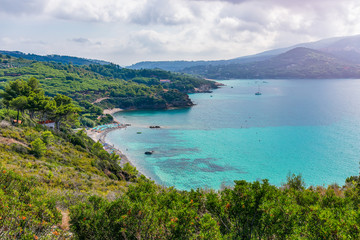 Beautiful panoramic view over beach of Elba island and the sea with emerald water. Tuscany, Italy