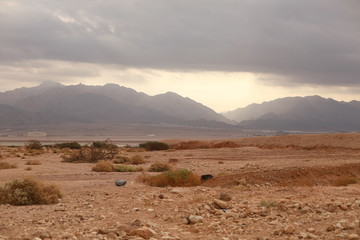 Naklejka premium Field with mountains in desert.