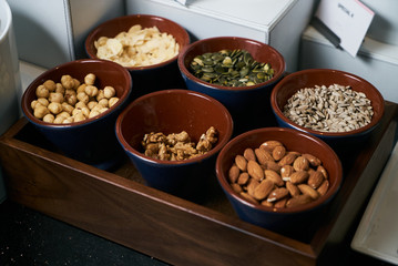 Hotel morning breakfast buffet food set with corn flakes