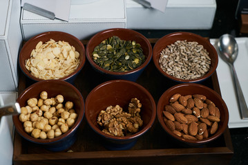 Hotel morning breakfast buffet food set with corn flakes