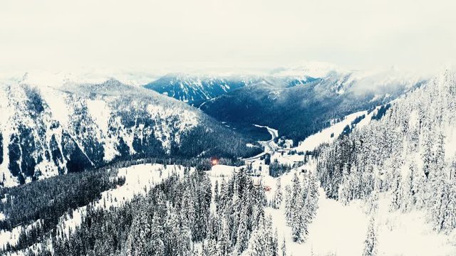 Ski Resort White Snowy Conditions Dark Dusk Drone Flight