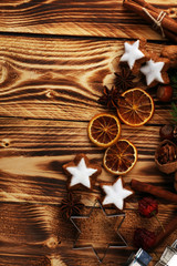 Baking christmas cookies. Typical cinnamon stars bakery with spices. xmas decoration