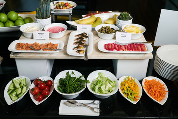 Hotel restaurant buffet catering table with Vegetarian food, clo