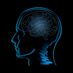 Obraz premium Neuroscience vector illustration. Image of the human profile with skull and brain inside it isolated on the black backgrond