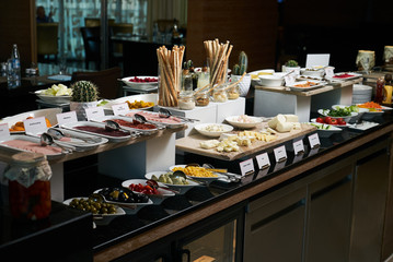 Catering buffet food in hotel restaurant, close-up. Celebration 