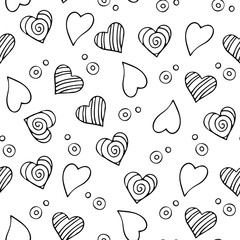 Seamless pattern for Valentine's day. Different hearts and bubbles. In isolation. Black and white pattern.