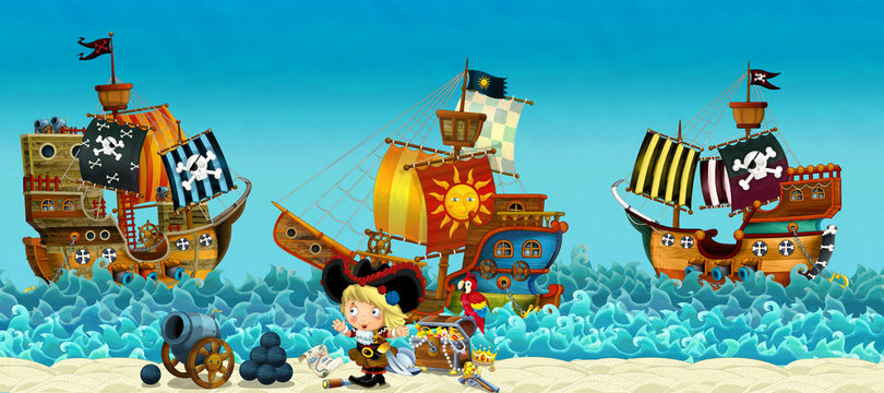 Cartoon scene of beach near the sea or ocean - pirate captain woman on the shore and treasure chest - pirate ships - illustration for children © honeyflavour