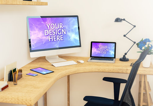 4 Devices on Corner Desk Mockup