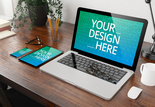 3 Devices on Wooden Desk Mockup