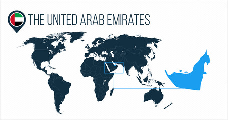 The United Arab Emirates location on the world map for infographics. . The United Arab Emirates round flag in the map pin or marker. vector illustration on stripped background.