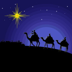 Biblical illustration. Christmas story. Mary and Joseph with the baby Jesus. Nativity scene near the city of Bethlehem. Wise men go to worship Christ.
