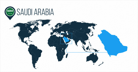 Saudi Arabia location on the world map for infographics. All world countries without names. Saudi Arabia round flag in the map pin or marker. vector illustration on stripped background.