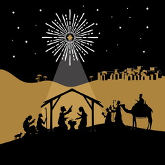 Biblical illustration. Christmas story. Mary and Joseph with the baby Jesus. Nativity scene near the city of Bethlehem. The shepherds and the wise men came to worship the Christ.