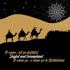 Biblical illustration. The wise men go to Bethlehem to worship the born baby Christ.