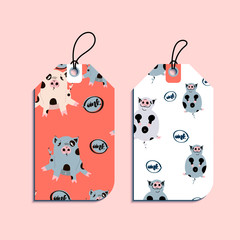 Set of gift tags with fat cute piggy. 