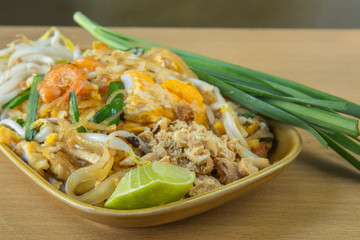 Thailand's national dishes, stir-fried noodles with egg, vegetable and shrimp (Pad Thai)