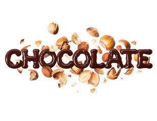 The word chocolate with hazelnuts on a white background