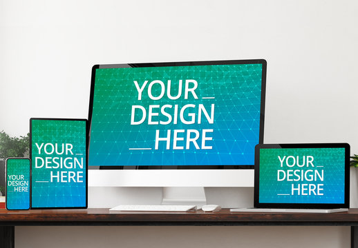 4 Devices on Wooden Desk Mockup