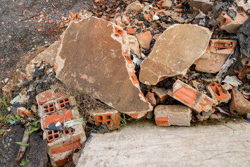 Broken Pieces of Concrete/ Cement Wall with Bricks in Junkyard - Heap of Construction Garbage/ Trash - Vintage Rough Texture