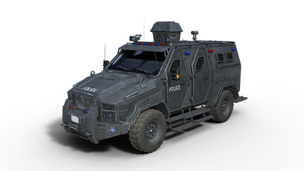 Armored SUV truck, bulletproof police vehicle, law enforcement car isolated on white background, 3D rendering