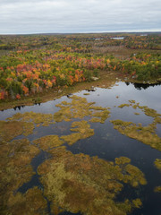 Aerial view of a beautiful lake during a cloudy autumn day. Taken in Lily Lake, near Annapolis, Nova Scotia, Canada.