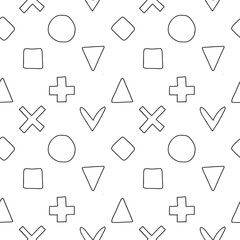 Geometric vector seamless pattern with different geometrical hand drawn forms. Square, triangle, rectangle, dots, circles. Abstract background. Graphic black white Illustration