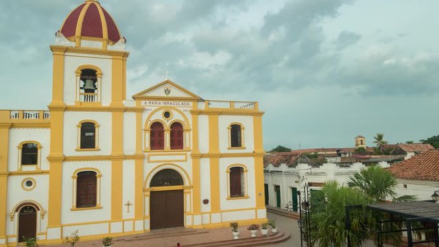 Timelapse of Inmaculada Concepcion church in Mompox main square, Bolivar, Colombia, on a moody day.