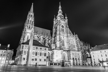 Fototapeta na wymiar St Vitus Cathedral in Prague Castle by night, Prague, Czech Republic. Black and white image.