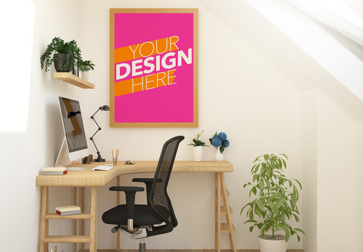 Framed Poster on Office Wall Mockup