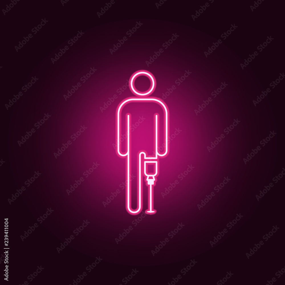 Poster man with leg prosthesis icon. elements of disabled in neon style icons. simple icon for websites, we