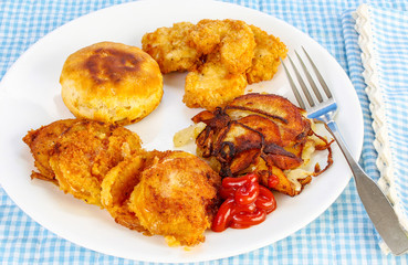 High Cholesterol Meal of Fried Green Tomatoes with Chicken and Home Fries