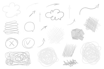 Hand drawn tangled abstract arrows on isolated white background. Line art. Set of different pointers. Black and white illustration. Doodles for artwork