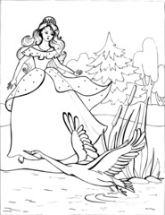  A Swan with a beautiful Princess. Coloring book. Birds. 14