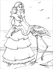  Flamingos with a beautiful Princess. Coloring book. Birds. 20