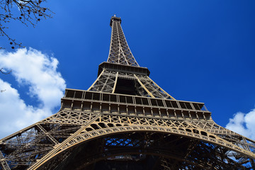 The iconic Eiffel Tower on the Champ de Mars in Paris, France