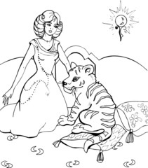 Tiger cub with beautiful Princess. Coloring book. 31